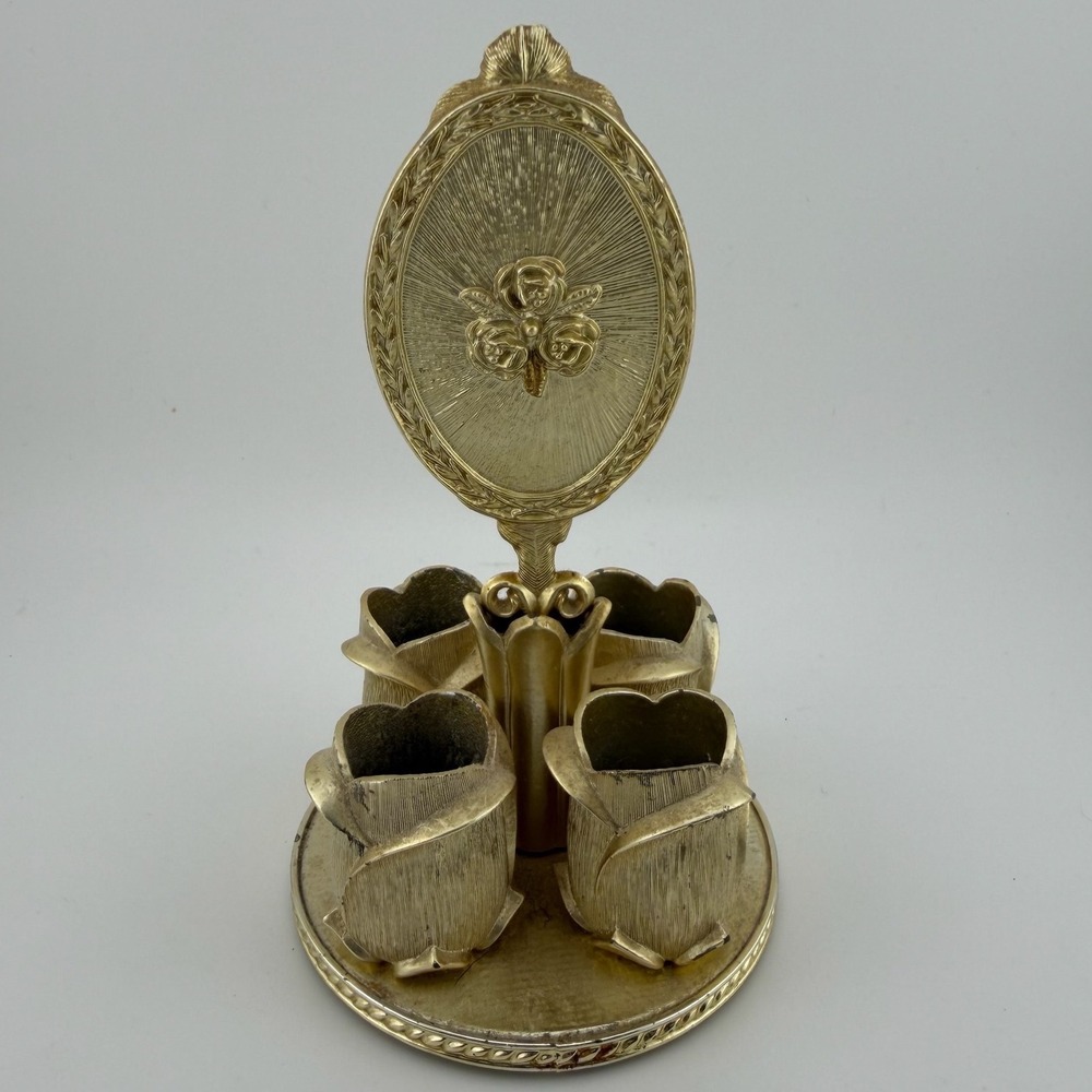Avon Vintage Golden Vanity Set Mirror Lipstick Holder Gold Hollywood Regency